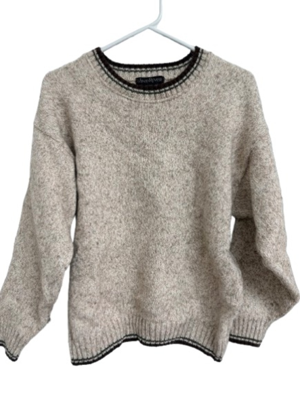 Women's Cream Crewneck Sweater with Black Trim.